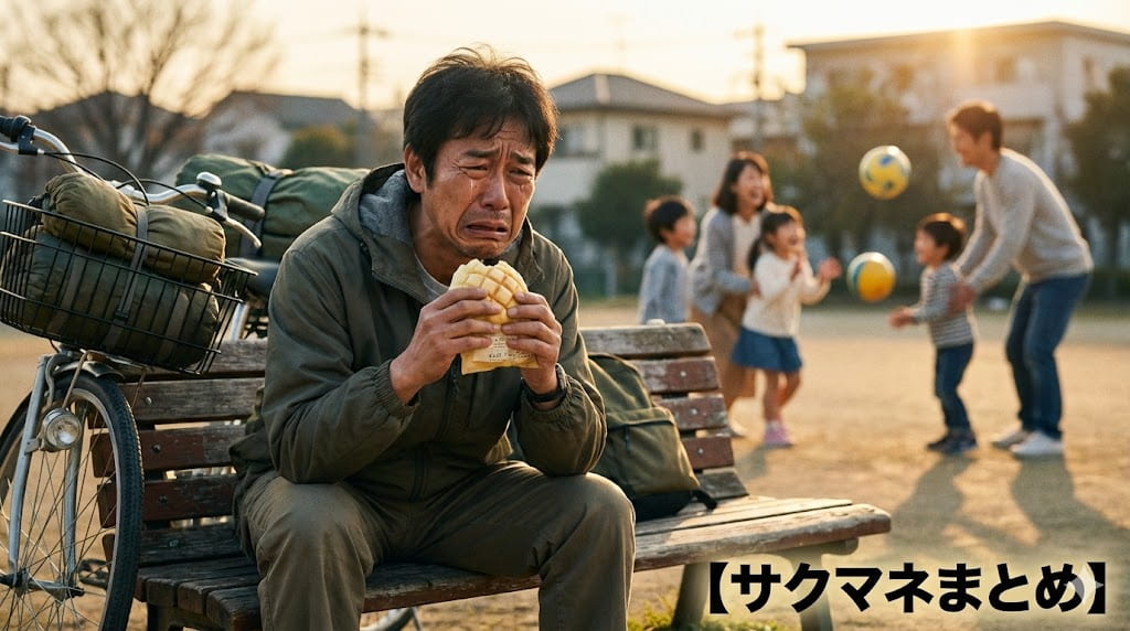 一人公園のベンチでパンを食べる孤独な50代男性