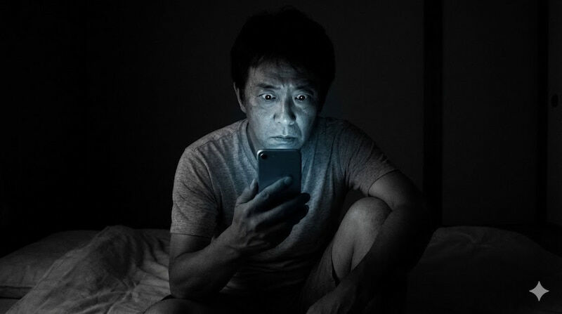 SHINZOUが生成した深夜にスマホを見て絶望する50代男性の劇画・サクッとマネートピック