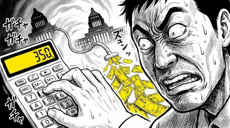 計算機を叩き絶望する田中の手元