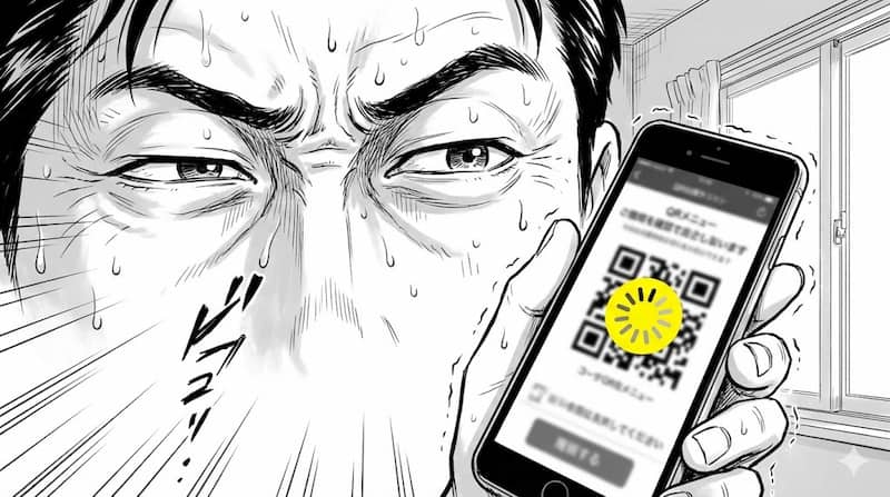 老眼でQRコードが読めず焦る昭和田課長のアップ