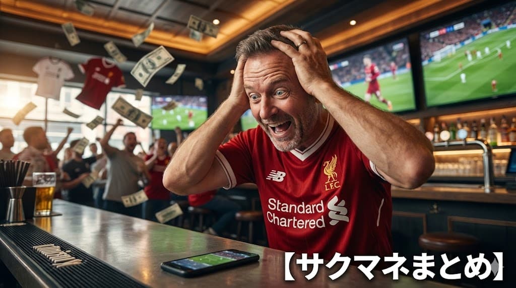高級なスポーツバーで、リバプールのユニフォームを着た中年男性が、スマホの移籍ニュース画面を見ながら頭を抱えている様子。背景には札束が舞っているイメージ。