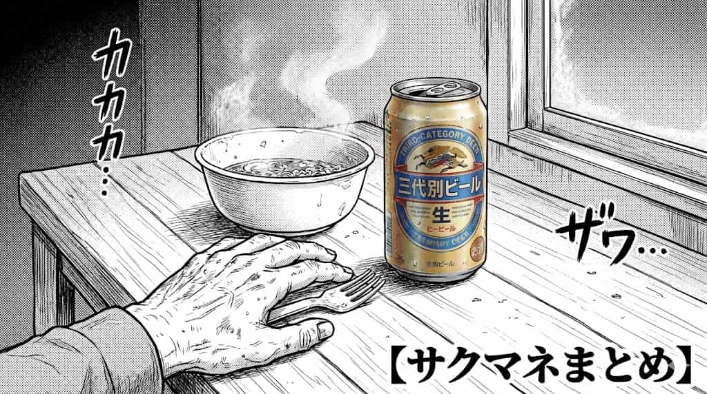 第三のビールとカップ麺と安酒の不快な情景の劇画