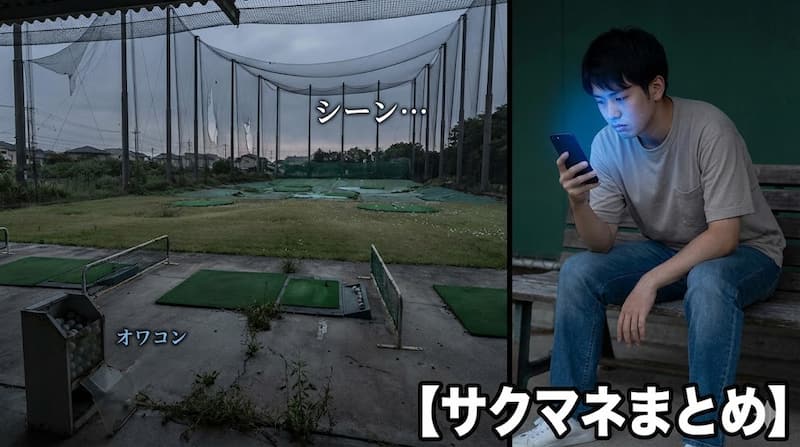 寂れたゴルフ練習場とスマホを見つめる男性の対比