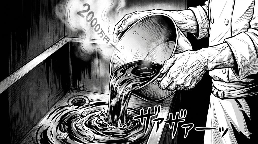 暗い厨房で、大量に残ったラーメンスープを排水溝に捨てている店主の手元。湯気とともに2000万円が消えていく。