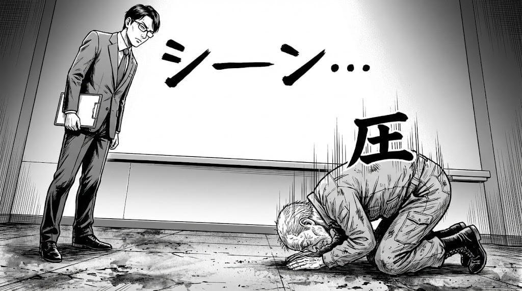 冷酷なエリート社員が、油まみれの工場長に書類を叩きつけているシーン。工場長は土下座寸前。背景に「不当返品」の文字。