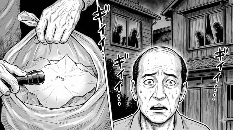 ゴミ袋の中身を検査する老婆と怯える主人公