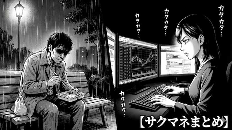 ポイ活と投資で資産を築く妻と貧しい食事の夫の対比