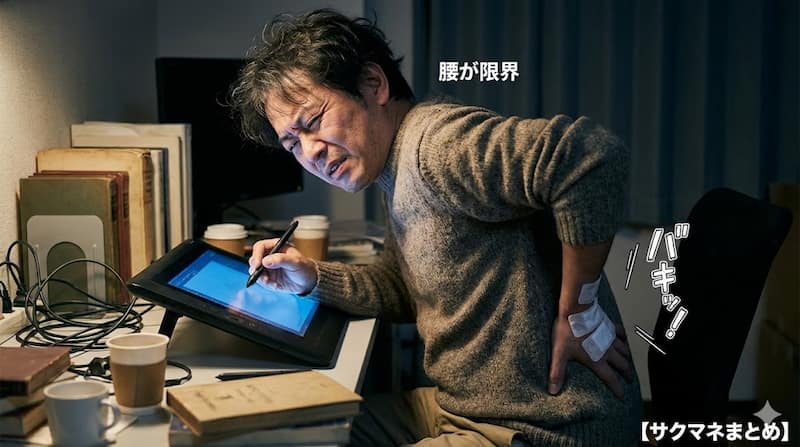 薄暗い部屋で液タブに向かい腰を押さえる50代男性