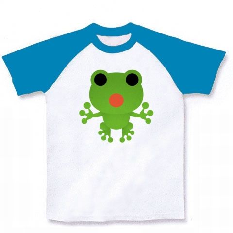 【ピョン吉じゃないよ!飛び出しそう?3D気分のかえるTシャツ!】かわキャラシリーズ 飛び出しカエル ラグランTシャツ(ホワイト×ターコイズ)