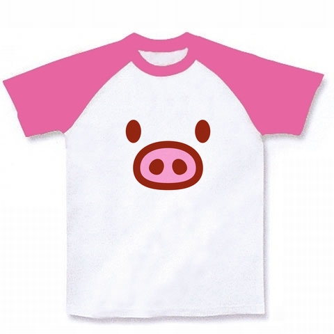 【かわいいブタグッズ!】かわキャラシリーズ ブタちゃん顔 ラグランTシャツ(ホワイト×ピンク)