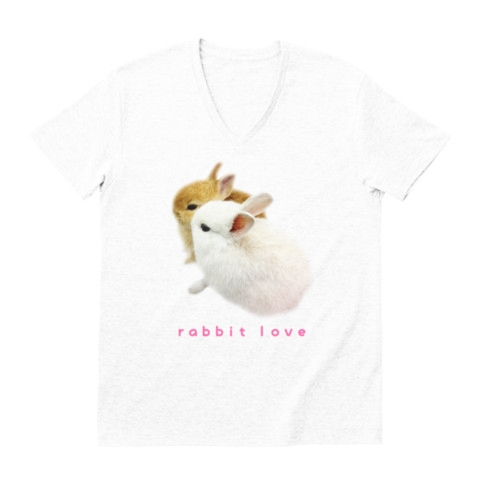 【萌えすぎる!かわいいうさぎグッズ!うさぎTシャツ!】アピールシリーズ ラビットラヴ(うさぎ愛 文字ありver) VネックTシャツ(ホワイト)