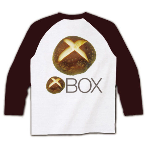 【しいたけマニア必須!ゲーム系グッズ?】しいたけボタンシリーズ シイタケBOX(背面大しいたけ、再レイアウトver) ラグラン長袖Tシャツ(ホワイト×チョコレート)【秋の味覚おいしいファッション】