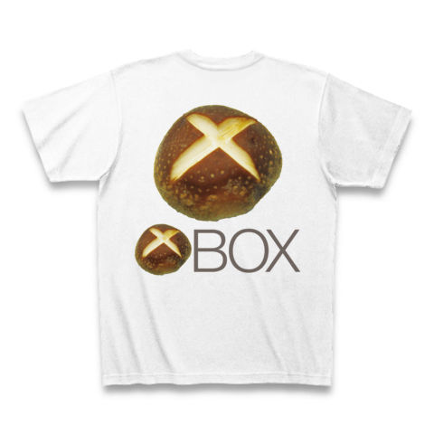 【しいたけマニア必須!ゲーム系グッズ?】しいたけボタンシリーズ シイタケBOX(背面大しいたけ、再レイアウトver) Tシャツ(ホワイト)
