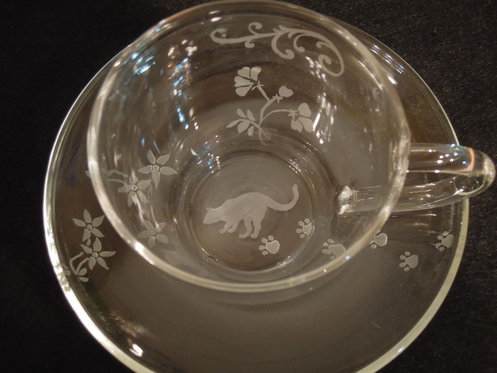 ねこのティーカップセット Sandblast ガラス工房 Saori サンドブラストがらすこうぼうさおり
