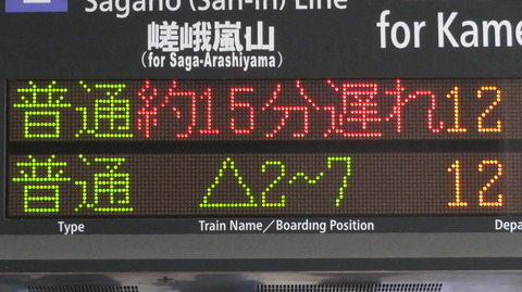 二条駅の発車標、「遅れ約15分」 ではなく 「約15分遅れ」 と表示される (2025年4月)