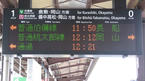 総社駅で改めて発車標を撮る （のりば番号変更後） 【2020年10月】