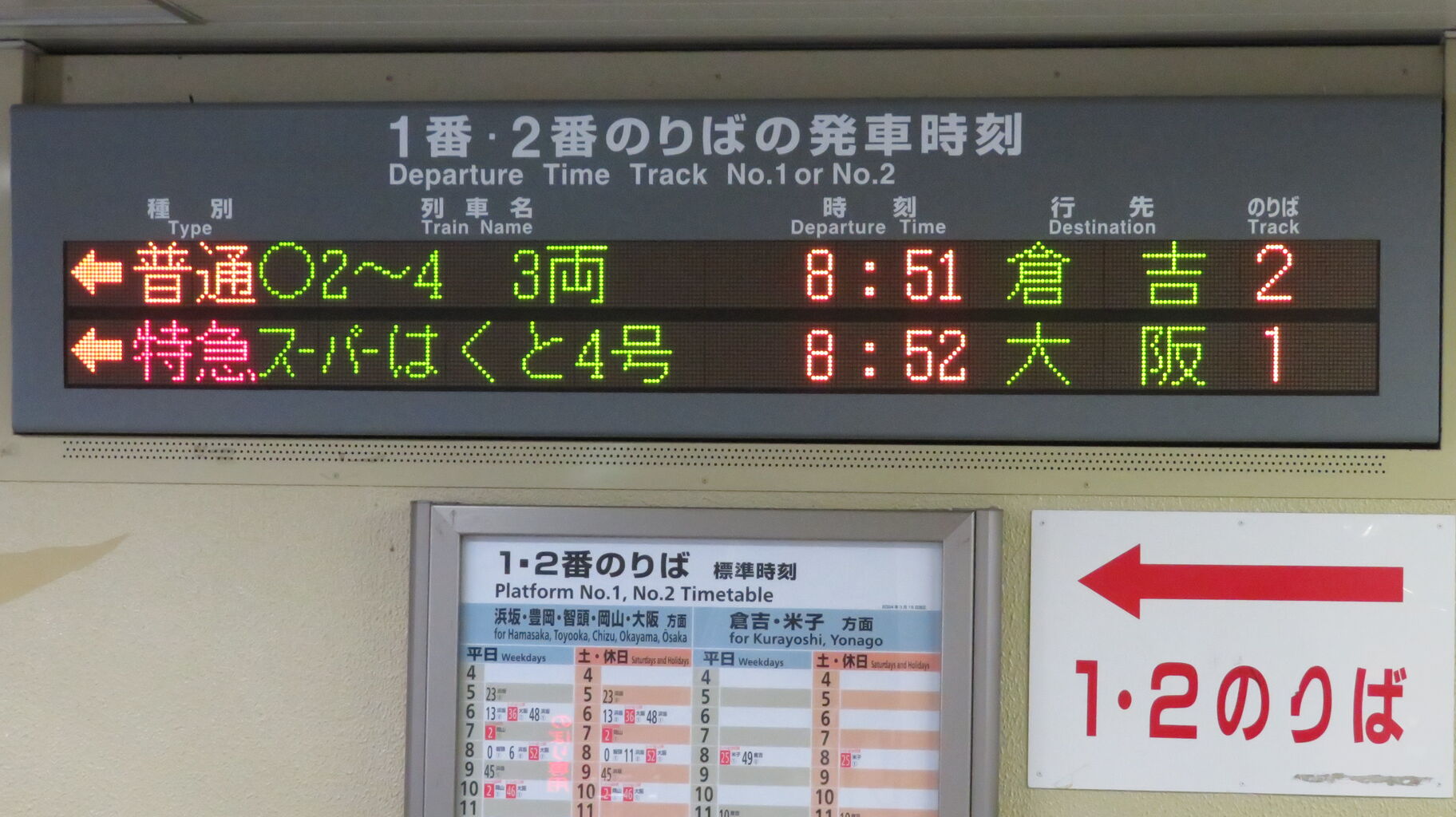 鳥取駅で 「3両編成」 の普通 倉吉行きを撮る （キハ47形＆発車標