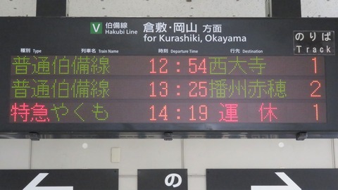 総社駅の発車標に 運休中の特急やくも 岡山行きが表示される （2021年10月）