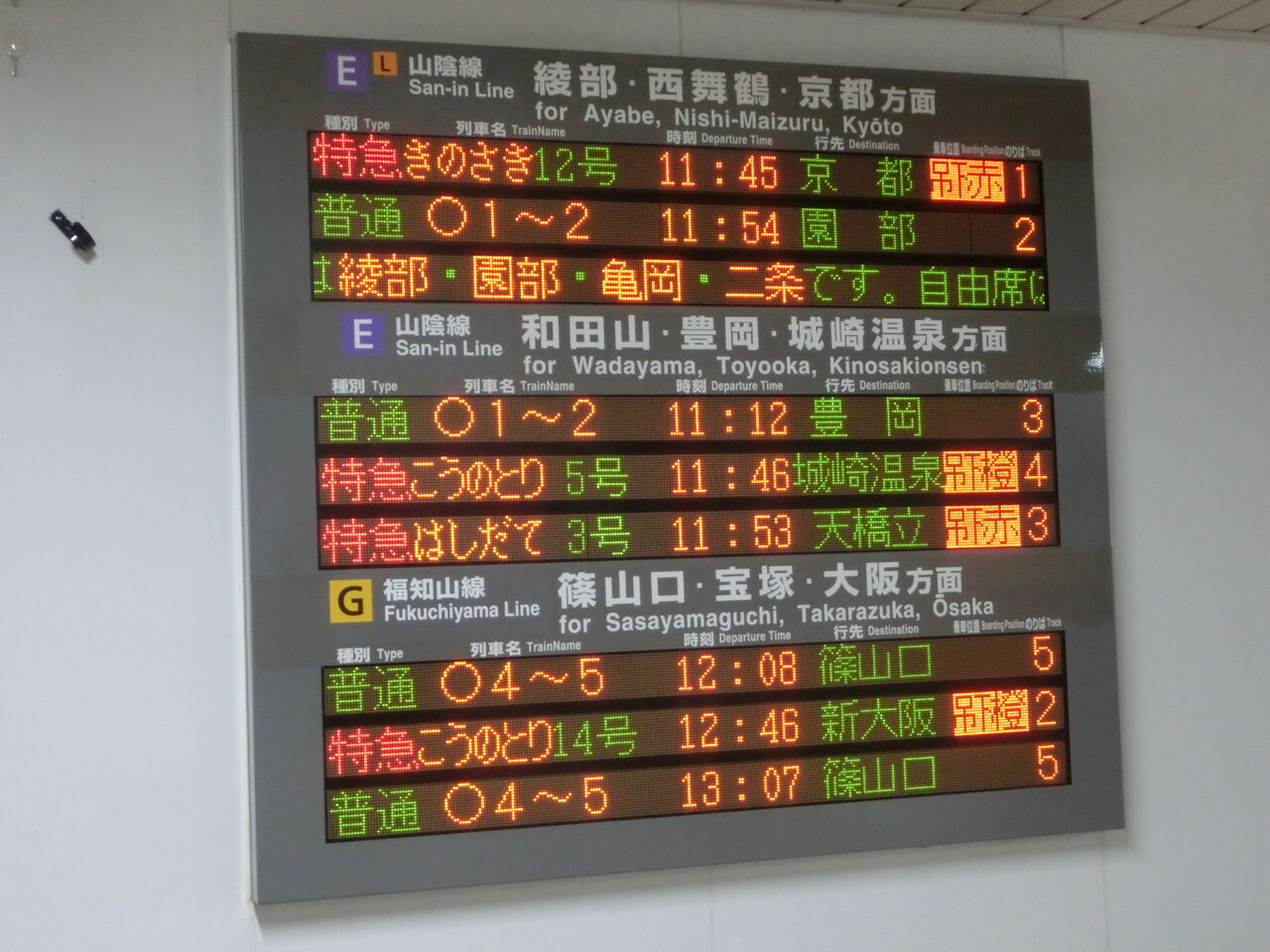 福知山駅 発車標の表示に変化が！ 普通・快速の乗車位置が表示される