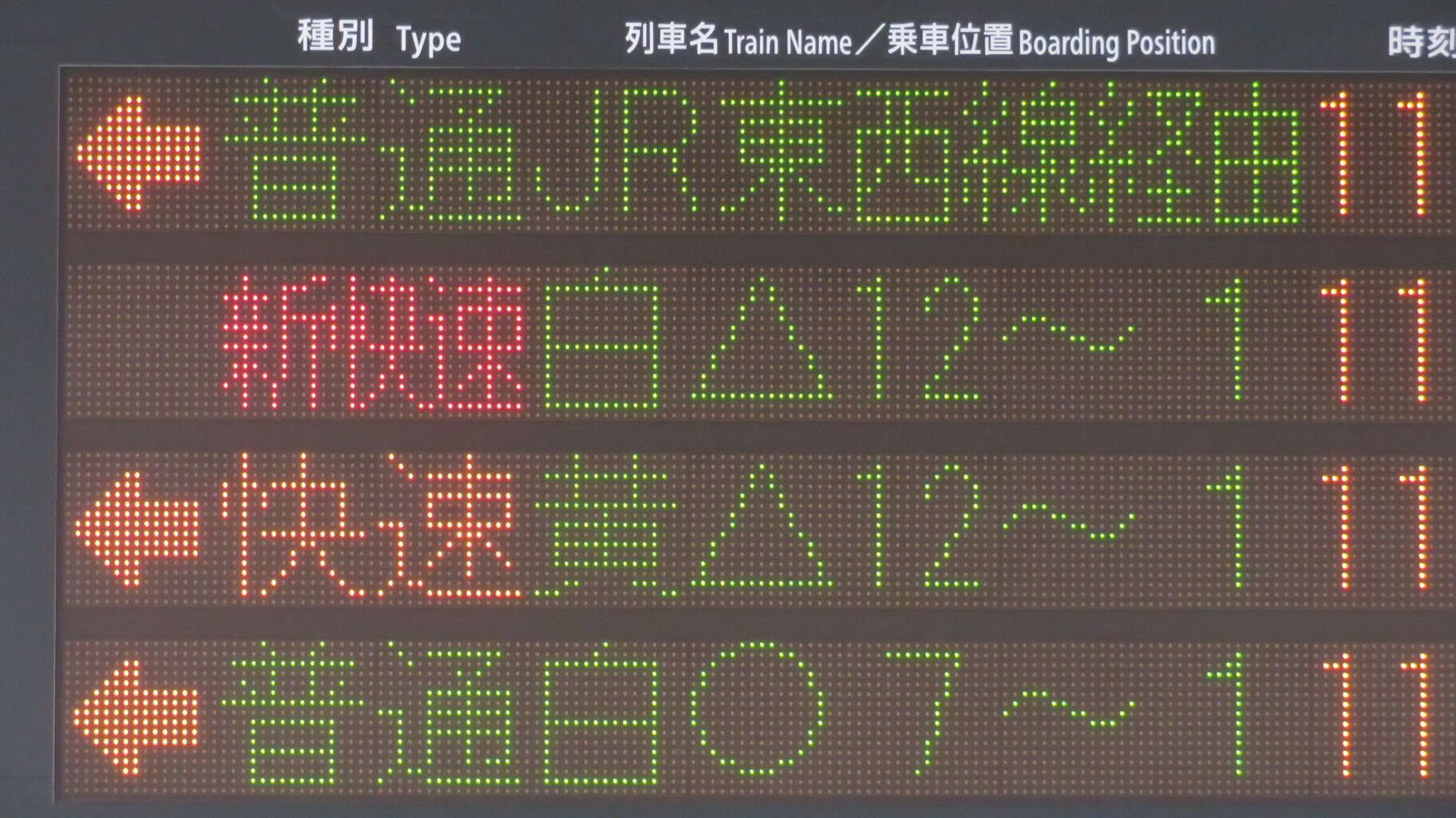 JR神戸線 三ノ宮・姫路方面 電車時刻表示板 三ノ宮駅・尼崎駅の発車標、「東西線経由」 表示が 「JR東西線
