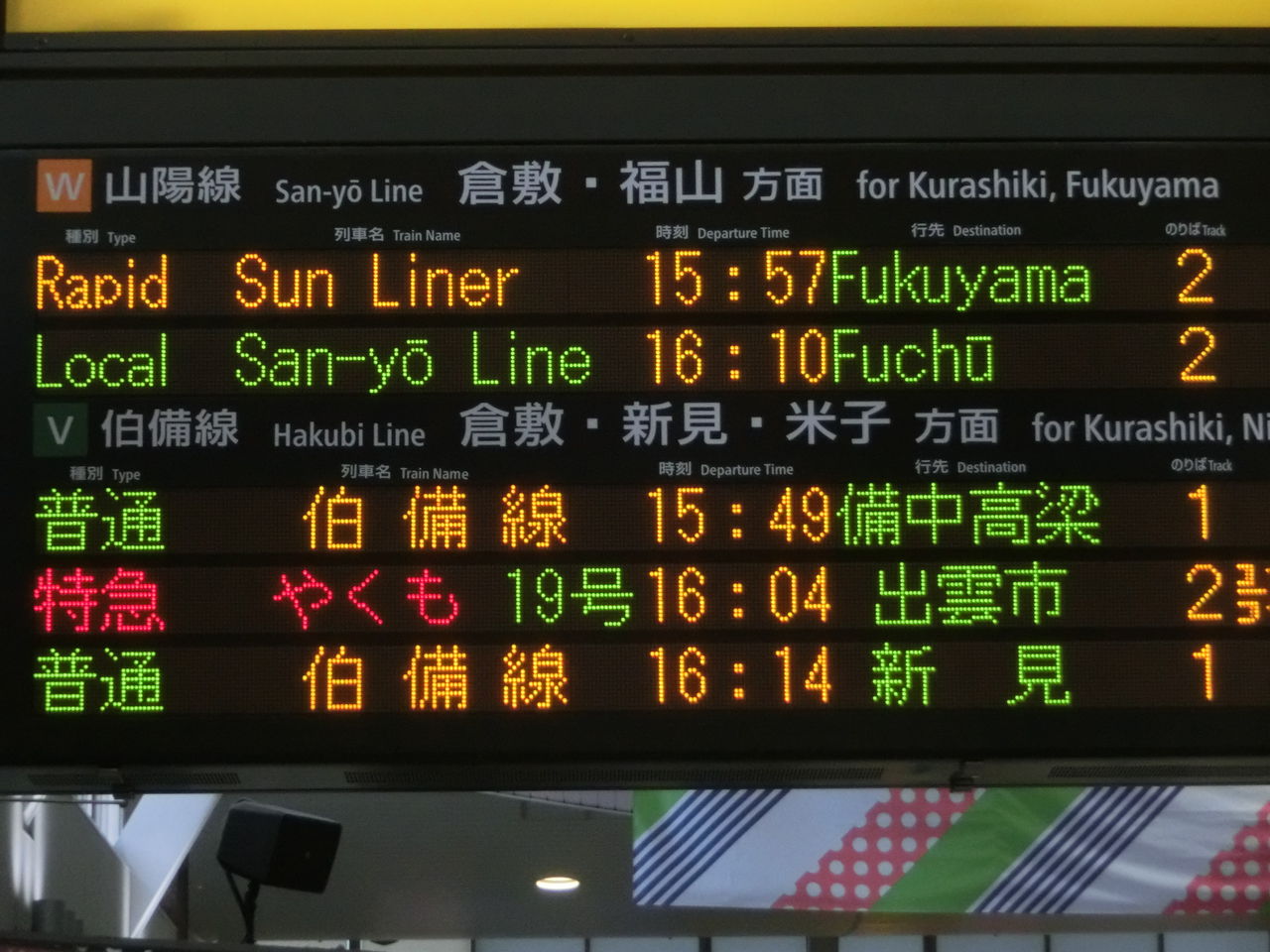 行き先表示板(岡山 - 下関 、広島 - 岡山) 岡山駅 発車標の行き先表示が一部変更! 「福山方面 三原
