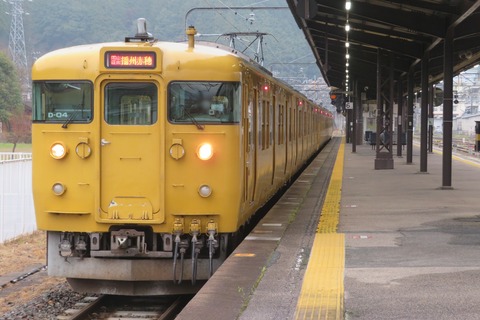 新見駅で前3両播州赤穂行き、後ろ4両岡山行きの普通列車を撮る (2025年4月)