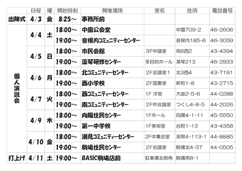 個人演説会日程一覧メモ入れ用