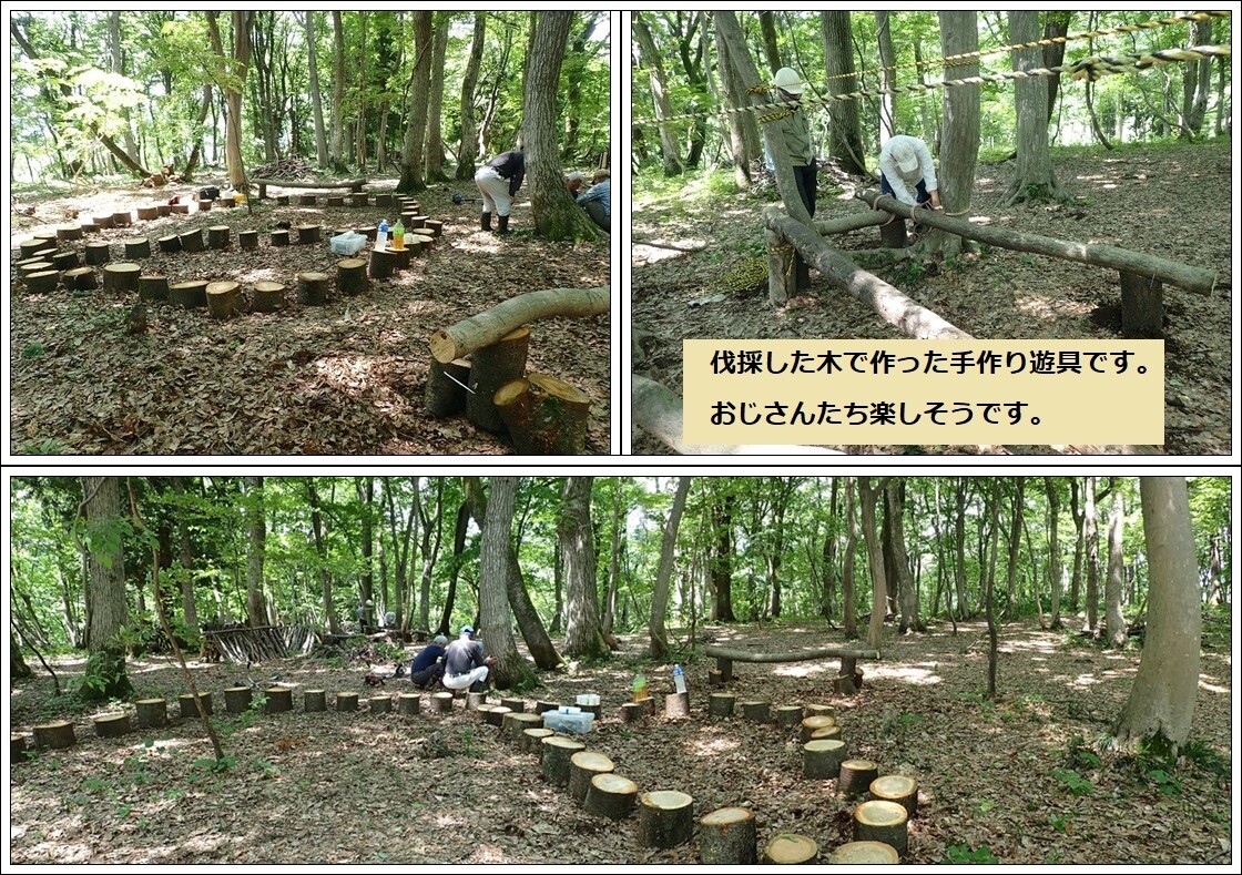 里山保全クラブ臨時作業 林の中の手作り遊具 妙高ロココの庭 里山保全クラブ臨時作業 林の中の手作り遊具 妙高ロココの庭