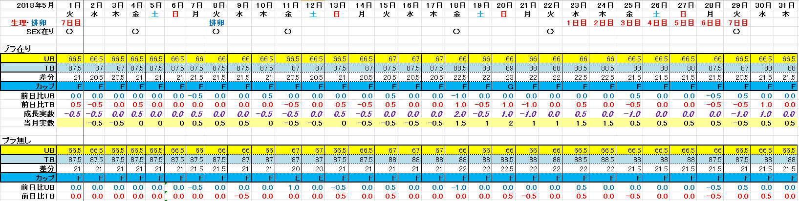 私のサイズ期間別育乳思い出 E65 F65 18年3月 18年5月 19年3月10日 育乳 バストアップ 記録 C65からh65に アラサー27歳からの育乳バストアップ記録