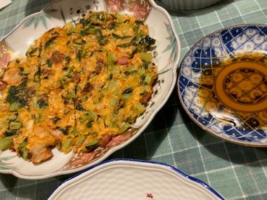 ★大根葉ほしえびキムチベーコン入り大根餅風ちぢみ