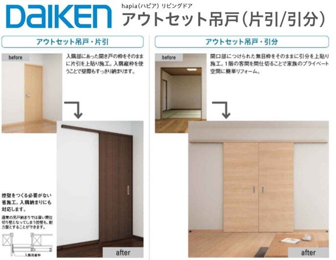 大建工業 アウトセット吊戸・片引セット D4デザイン [アウトセット用開口出隅セットなし] 内装ドア 枠外幅1645mm