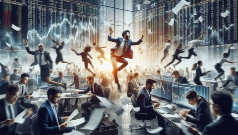 慌てふためいたり飛び跳ねてる株式市場の人々画像