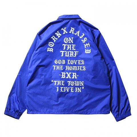 BORN X RAISED ROCKER コーチジャケット Coaches Jacket in black. BXR rocker embroidered on front
