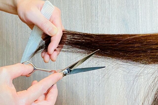 髪の毛を切られる女性の髪と美容師の手