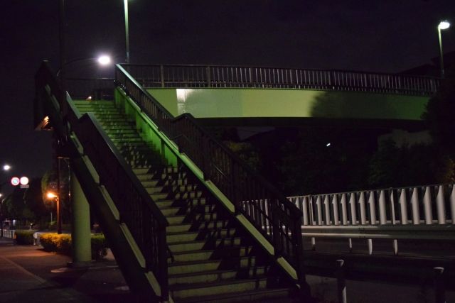 歩道橋のある暗い夜道