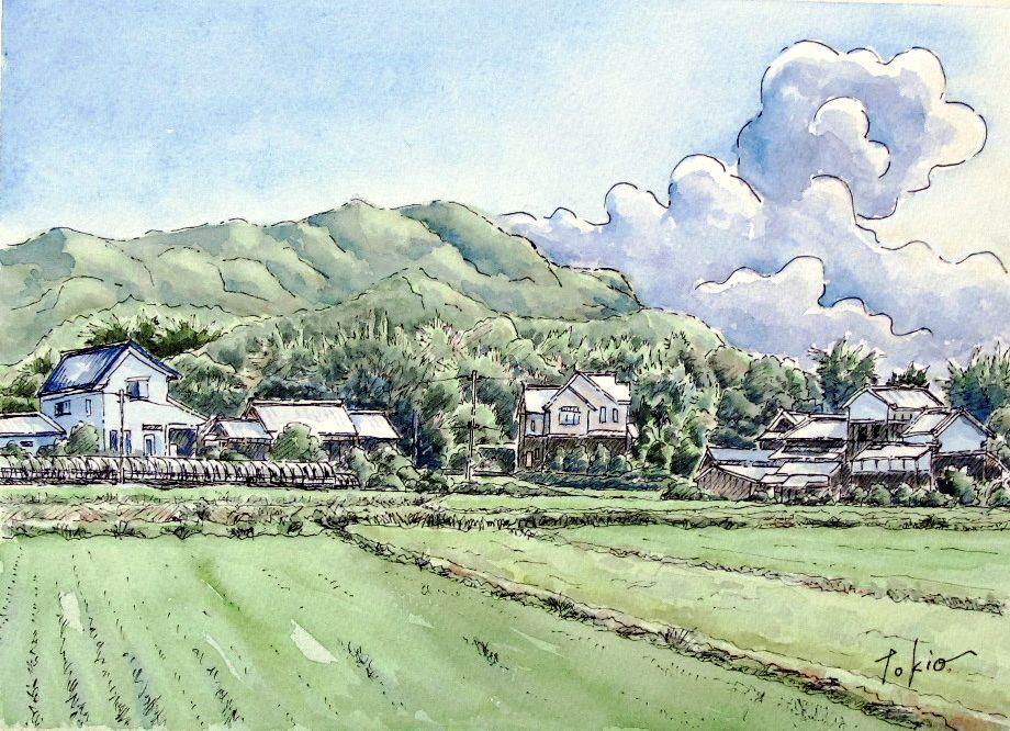 2025.08 山裾の夏景(糸島市大門) : シニアから始めた透明水彩画