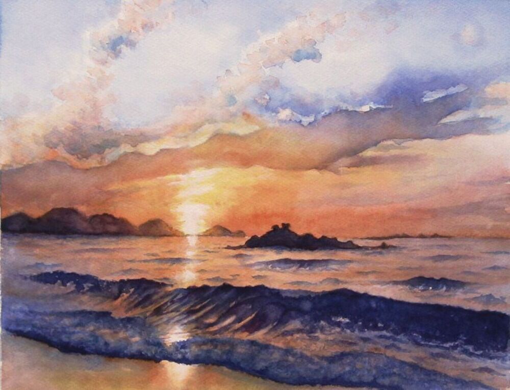 油絵 仮縁つき 海 夕焼け 球体 2021.11 野北海岸から望む夕焼け（糸島市） : シニアから始めた
