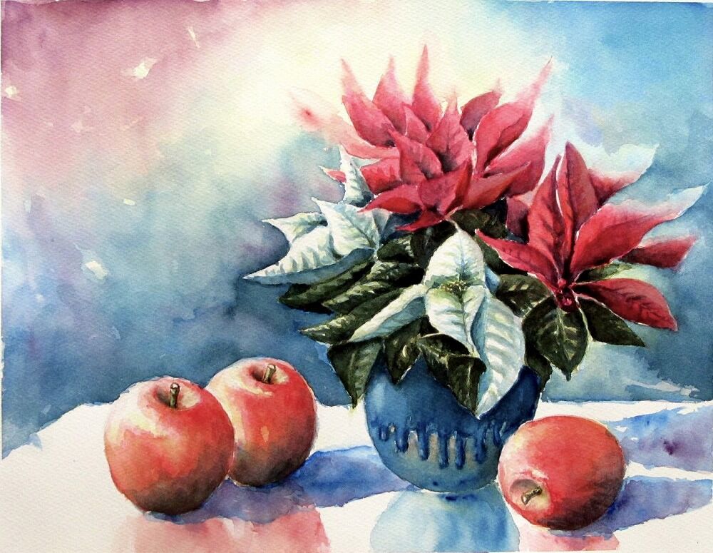 透明水彩画原画　クリスマス　聖夜　ポインセチア 透明水彩画原画 クリスマス 聖夜 ポインセチア - メルカリ