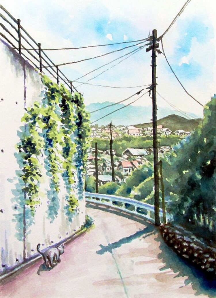 2022.08 高台の坂道(糸島市南風台) シニアから始めた透明水彩画 2022.08 高台の坂道(糸島市南風台) シニアから始めた透明水彩画