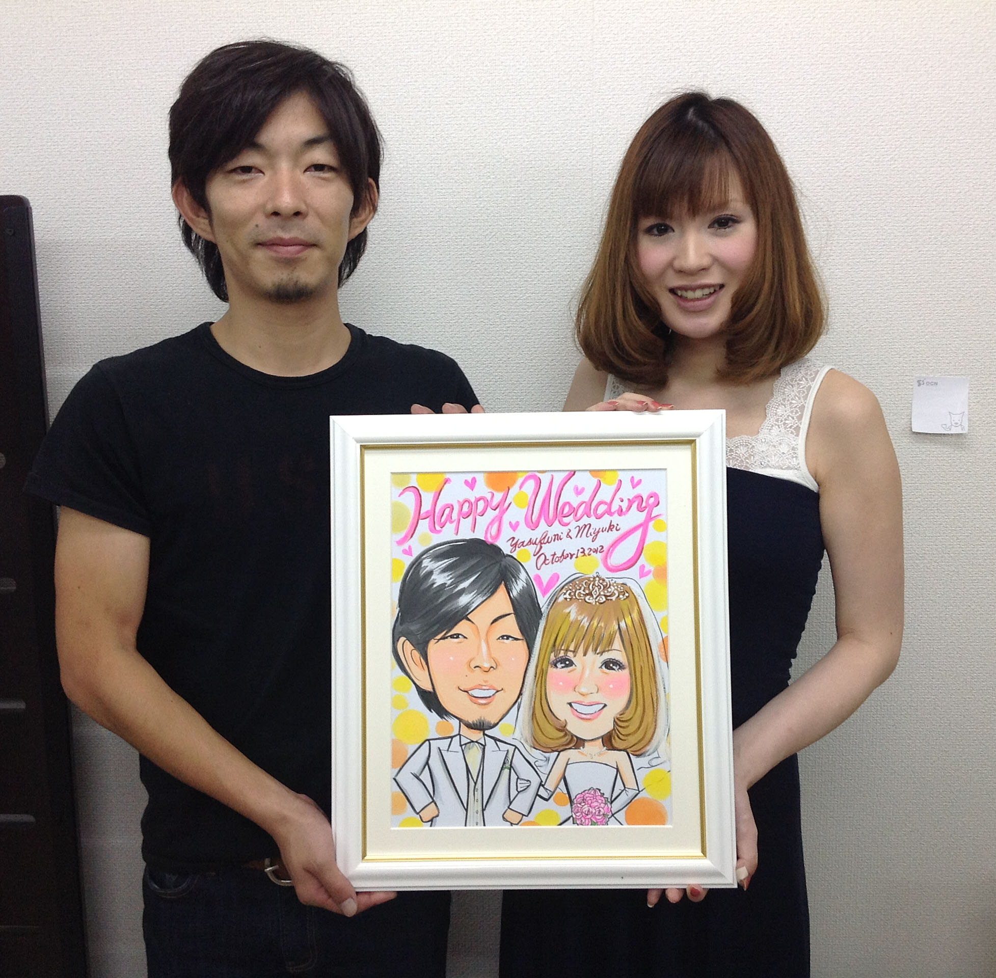 職場のカップル 似顔絵ウェルカムボードと寄せ書き似顔絵 堺市のお客様 体験版 似顔絵ウェルカムボード ご来店のお客様
