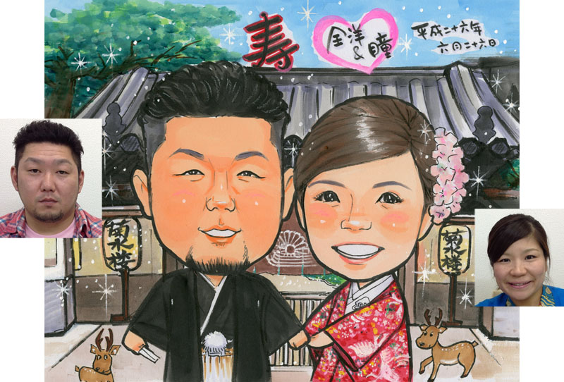 結婚式1週間前 式場の菊水楼背景の似顔絵ボード絵の具タッチ 奈良県天理市のお客様 体験版 似顔絵ウェルカムボード ご来店のお客様