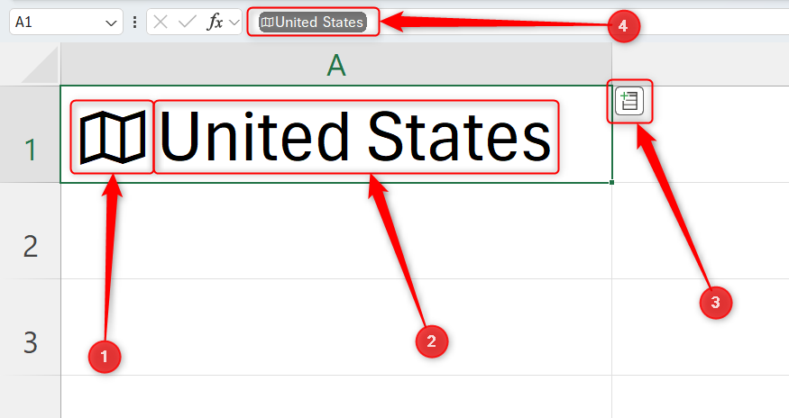United States という単語が Excel で値トークンに変換され、トークンのさまざまな要素が強調表示されます。