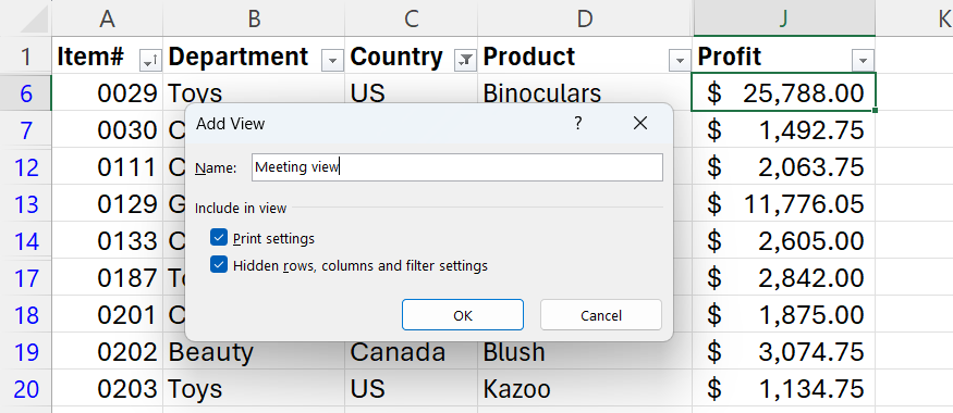 会議ビューは、Excel の[ビューの追加]ダイアログ ボックスの[名前]フィールドに入力されます。