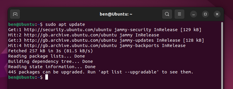 Ubuntu ターミナルに sudo apt update と入力し、Enter キーを押してソフトウェア パッケージ リポジトリ リストを更新します。