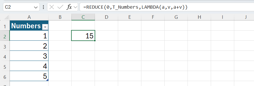 Excel で単一列の Excel テーブルに格納されている数値を加算するために使用される REDUCE 関数。