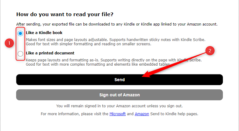 Kindle でドキュメントを読むための 2 つの異なる方法のオプションを提供する Microsoft Word の Kindle ダイアログ ボックス。