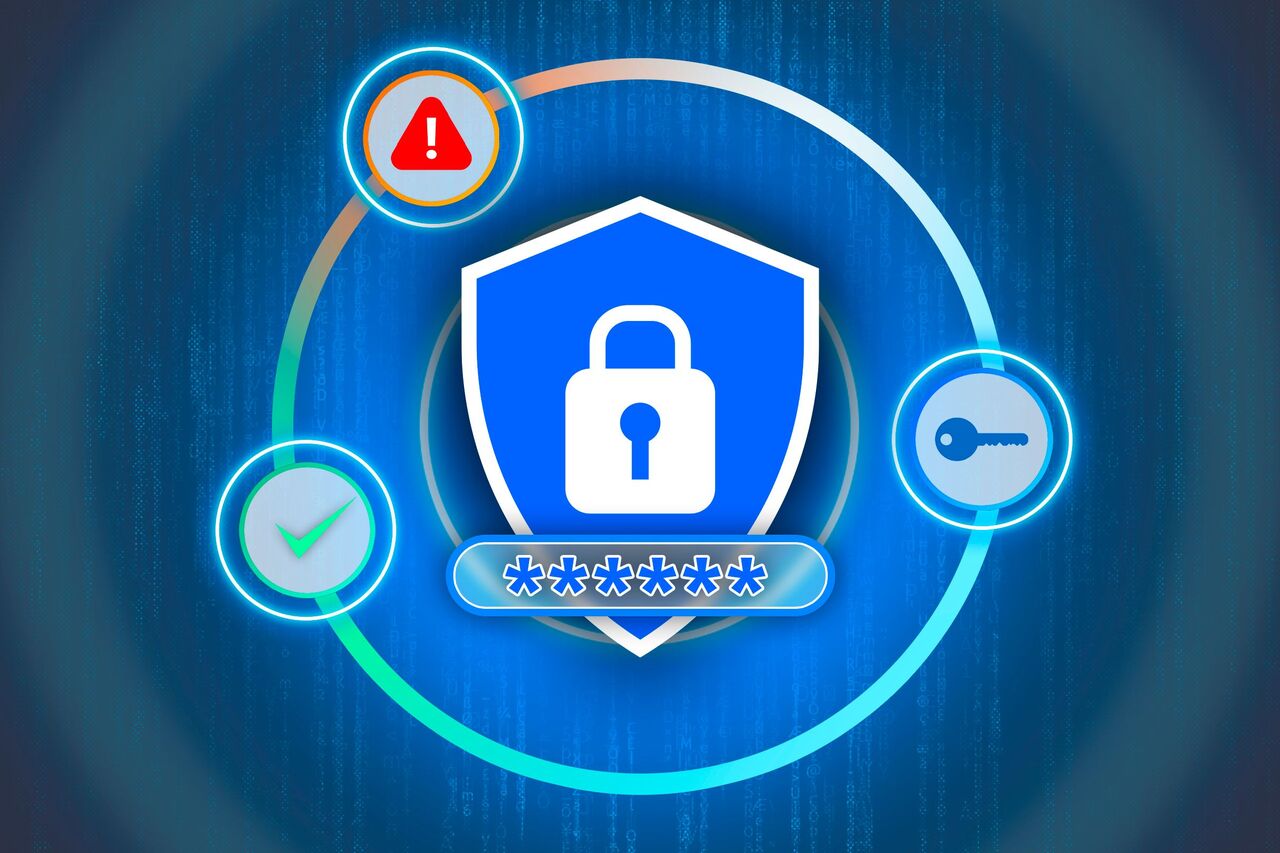 中央に南京錠が付いた盾とパスワードのイラスト。