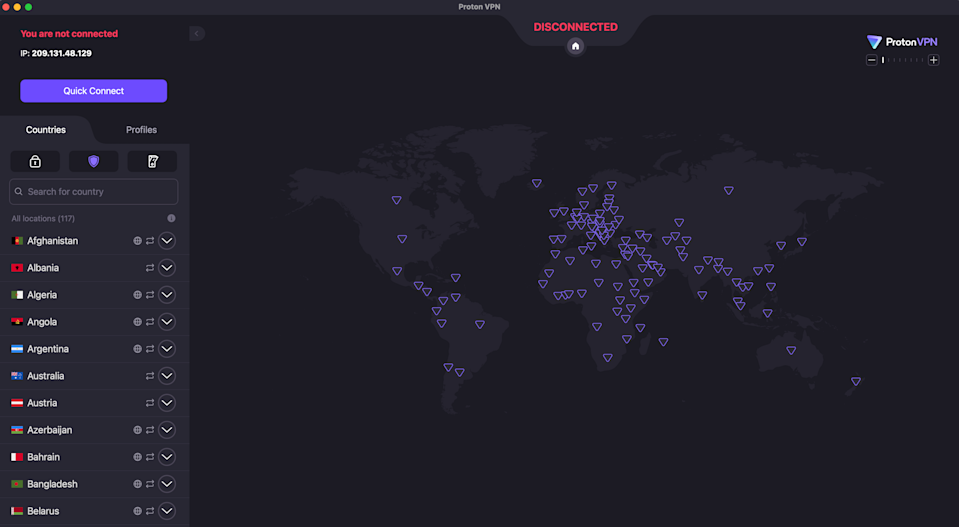 예를 들어 Proton VPN에서는 왼쪽 목록에 있는 국가 이름을 클릭하여 위치를 전환할 수 있습니다.