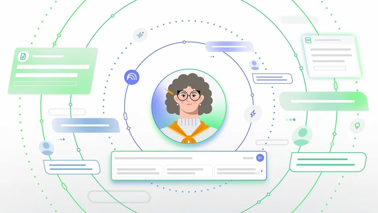 NotebookLM で空の思考バブルを持つ多くのサークルの真ん中にいる女性