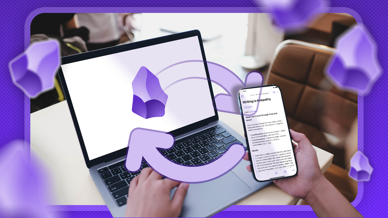 Obsidian を実行しているスマートフォンと、そのロゴが表示されているラップトップの隣に、両方のデバイスを接続する同期アイコンを持っている人。